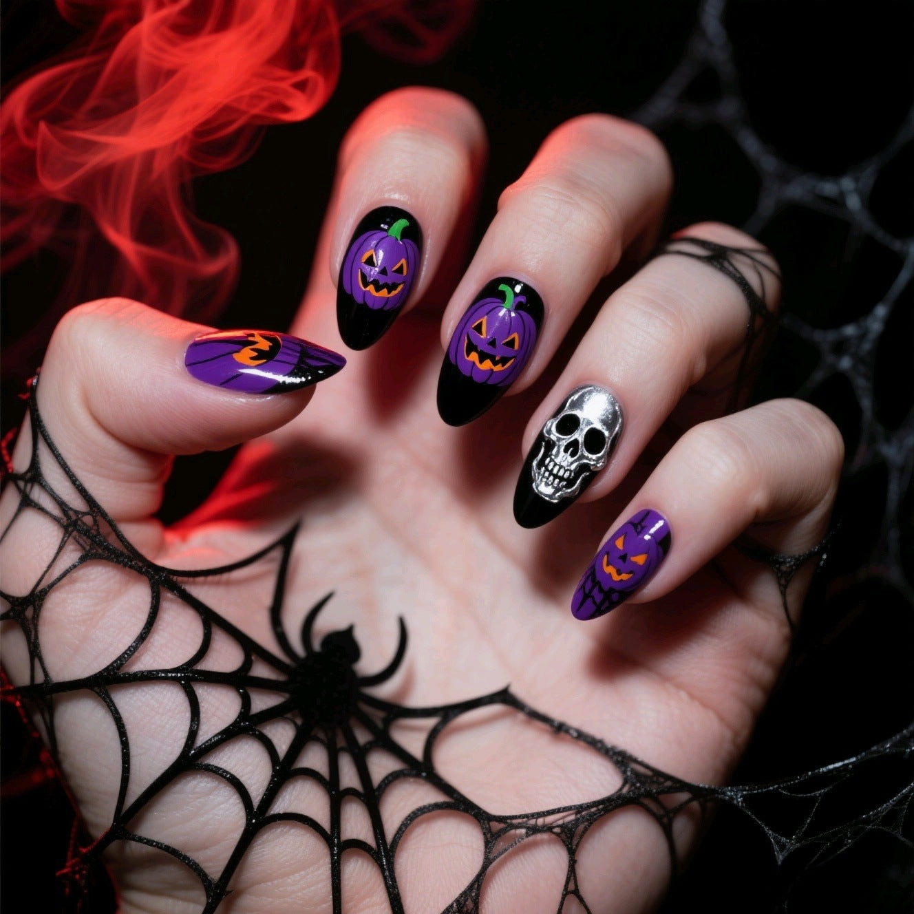 New Halloween fake nail patch soft cute ghost pumpkin lamp bat skull manicure wear armor