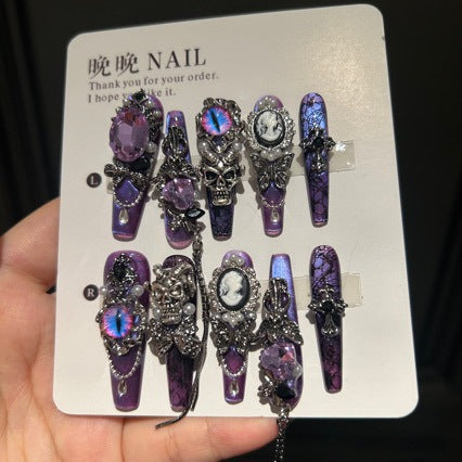 Handcrafted Luxury Purple Gothic Press-on Nails - Baroque Style Cameo, Pearl, and Evil Eye Charms - Exquisite Nail Art Kit