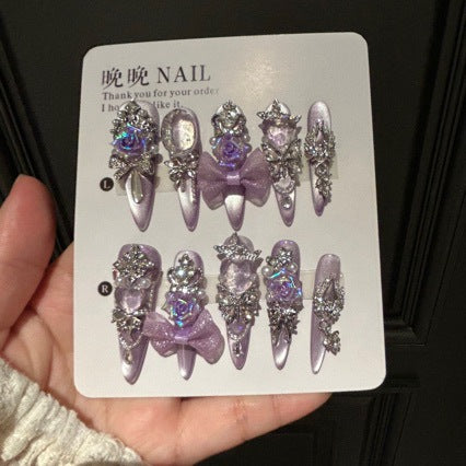 Handmade Lavender Metallic Long Stiletto Press On Nails with Iridescent 3D Roses, Glitter Bows, Rhinestone Butterfly & Crown Charms, Pearl Accents