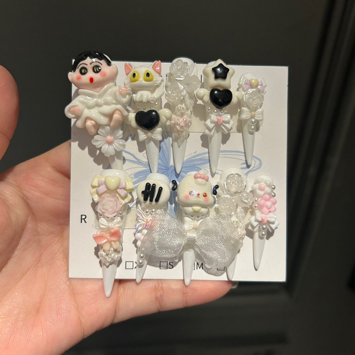 Kawaii Cartoon Anime Stiletto Press-on Nails with 3D Crayon Shin-chan, Cute Cat, Mesh Bowknot, and Trendy Charms - Sweet & Quirky Fake Nail Set