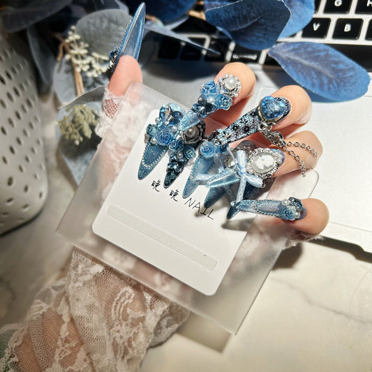 Handmade Sparkly Blue Glitter Long Stiletto Press On Nails with 3D Blue Roses, Vintage Cameo & Blue Heart Crystal Charms