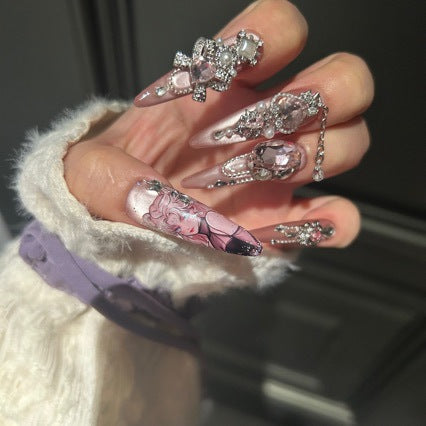 Handmade Pink Anime Portrait Long Stiletto Press On Nails, Pink Crystal False Nails with Silver Bow, Pearls & Dangling Chains