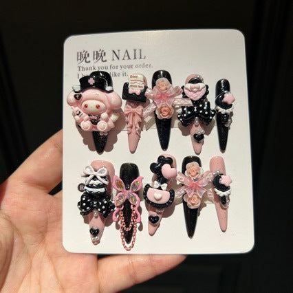 Handmade Pink Black Polka Dot Long Stiletto Press On Nails with 3D Cartoon Character, Bows & Rose Charms