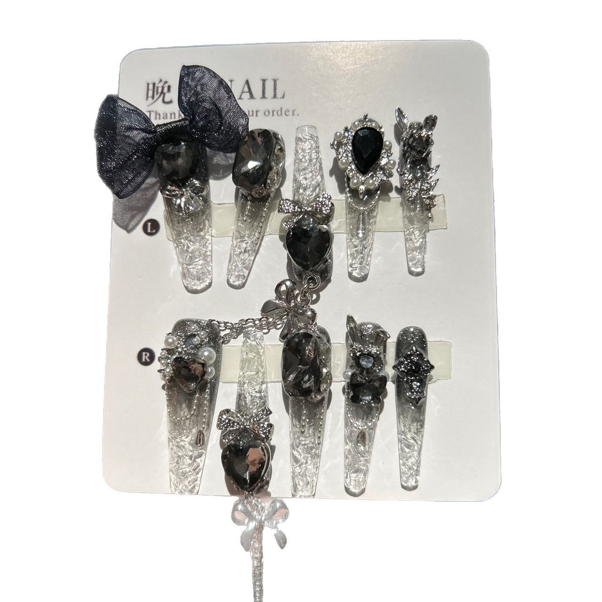 Handmade Clear Crackle Long Stiletto Press On Nails with Black Heart Crystals, Dark Mesh Bows, Silver Bunny Charms & Silver Chain Tassels