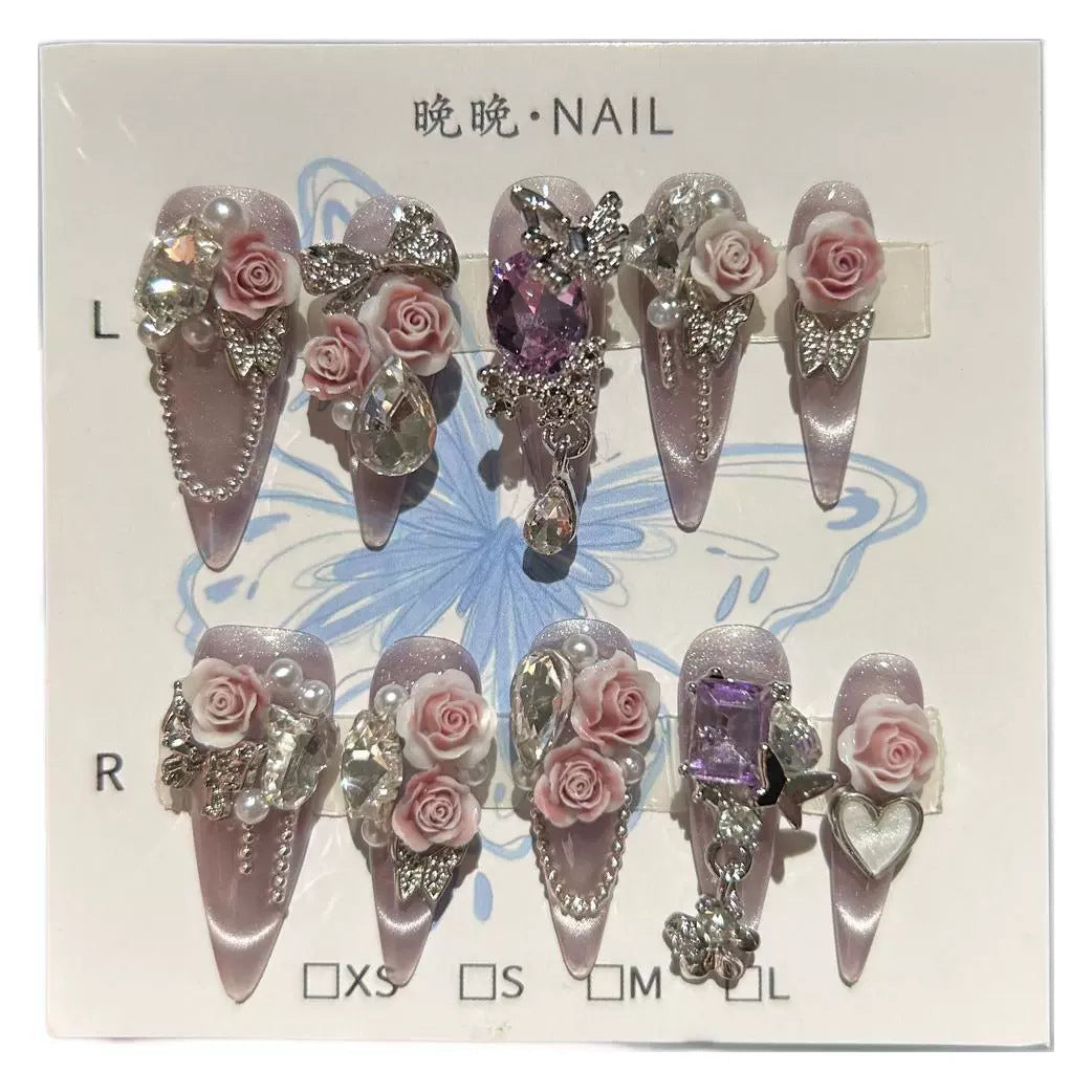 Dusty Pink & Purple Cat Eye Stiletto Press-on Nails with 3D Sculpted Rose, Crystal Gem, and Beaded Chain Charms - Luxury Glam Fake Nail Set
