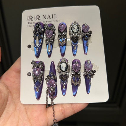 Handmade Purple Blue Cat Eye Cameo Portrait Long Stiletto Press On Nails with Purple Heart Crystals & Butterfly Charms