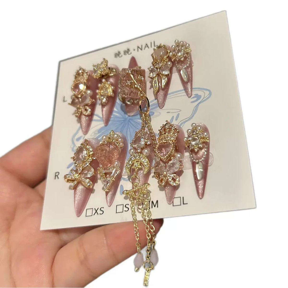 Handmade Pink Cat Eye Long Stiletto Press On Nails, Luxury Gold Butterfly & Heart Gem False Nails with Dangling Gold Chains