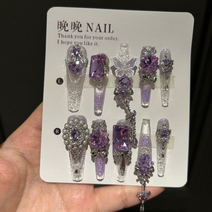 Handmade Clear Glitter Lavender Gradient Long Coffin Press On Nails with Purple Crystal & 3D Butterfly Charms