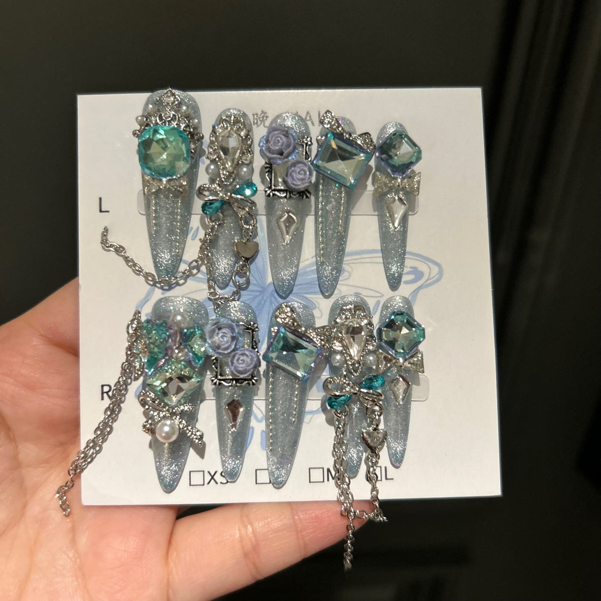 Handmade Light Blue Glitter Purple Rose Long Stiletto Press On Nails with Teal Crystals & Dangling Chains