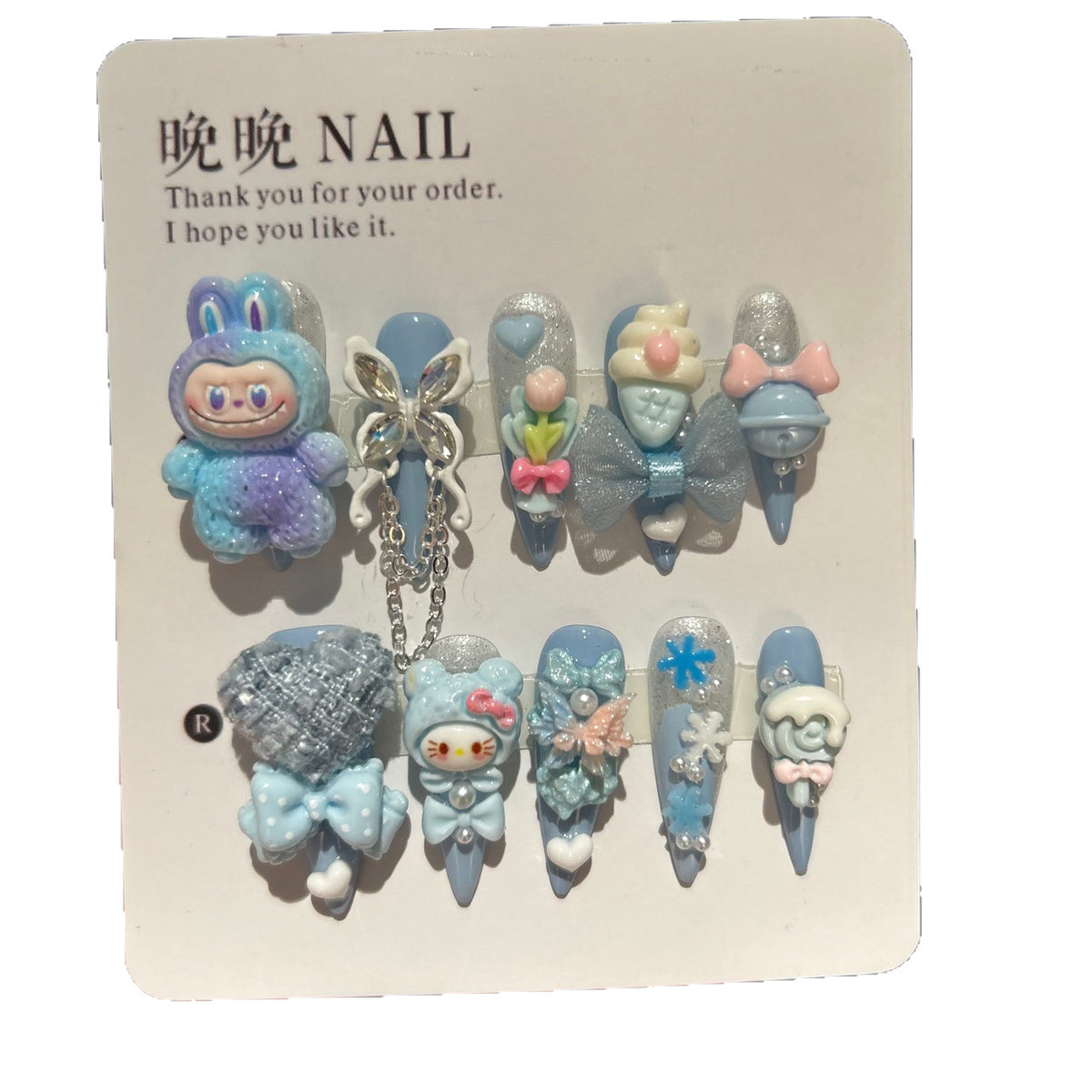 Handmade Blue Kawaii Long Stiletto Press On Nails, 3D Cartoon Character False Nails with Bow, Butterfly & Resin Charms