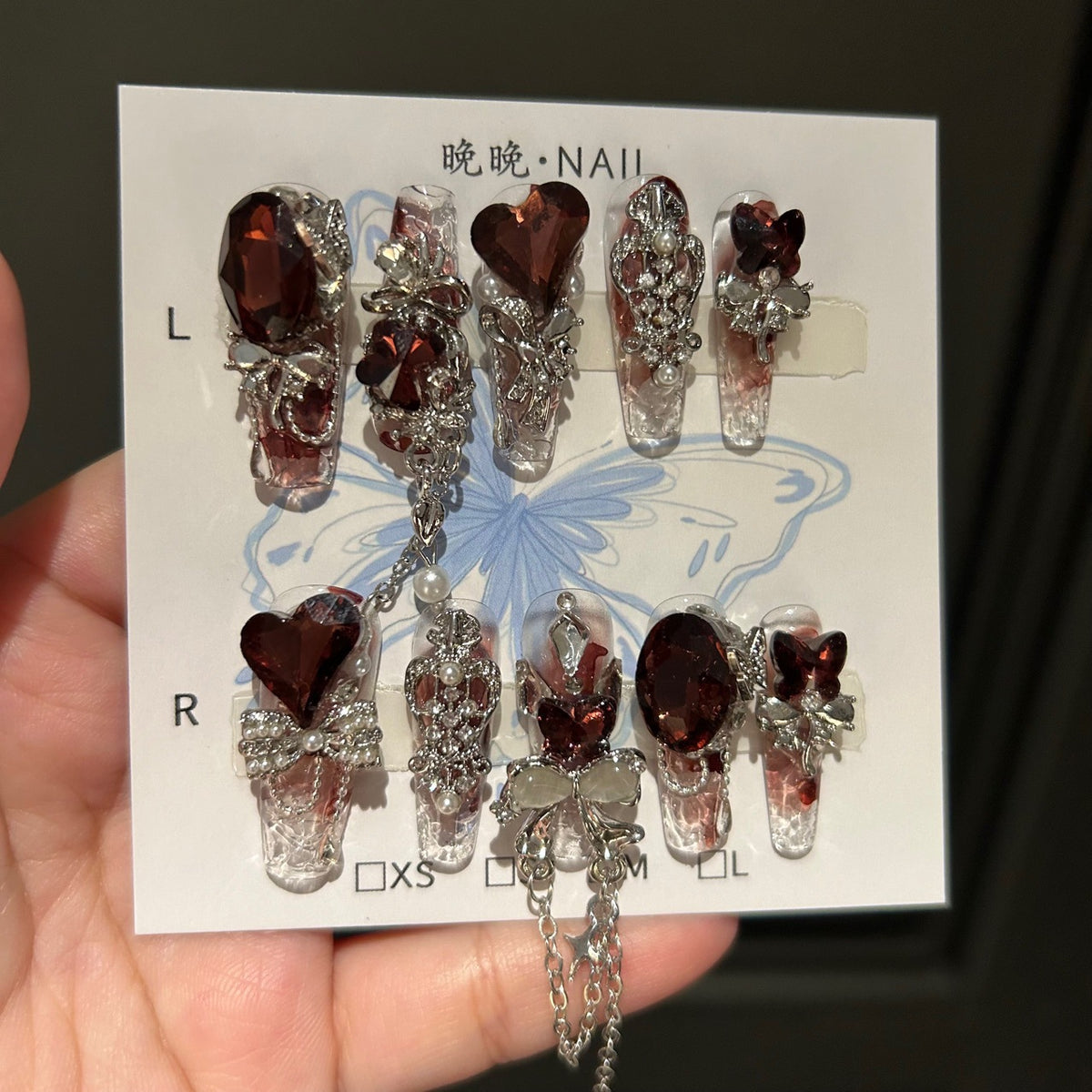 Handmade Red Smoke Gradient Long Coffin Press On Nails with Dark Red Heart Crystals, Butterfly Charms & Dangling Silver Chains