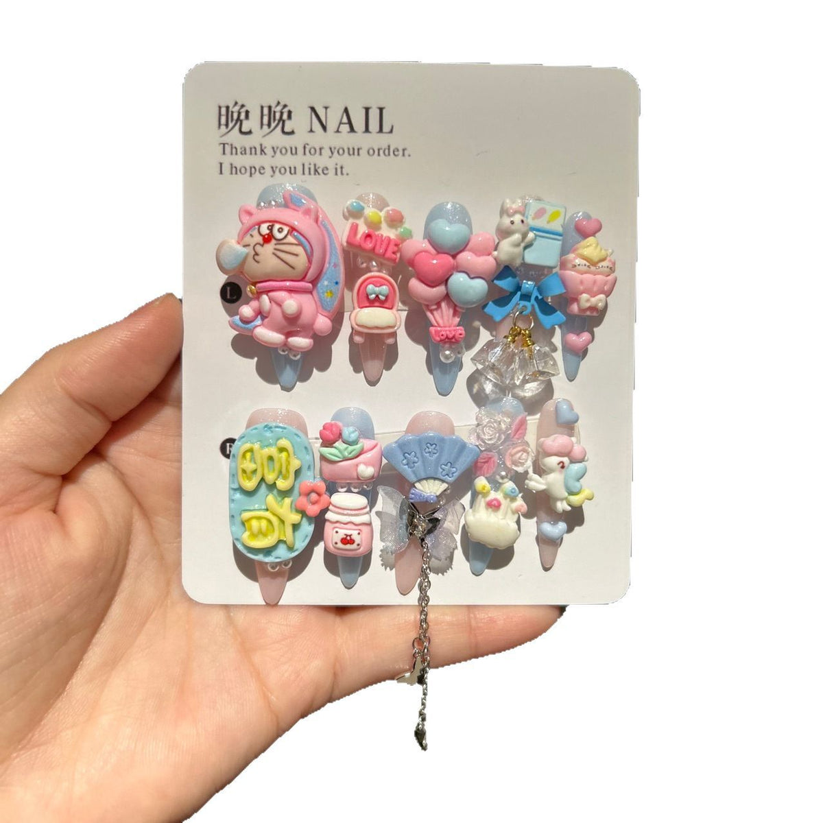 Handmade Cute Cartoon Long Stiletto Press On Nails, 3D Kawaii Character Rabbit Dessert False Nails with Heart Charms & Dangling Chains
