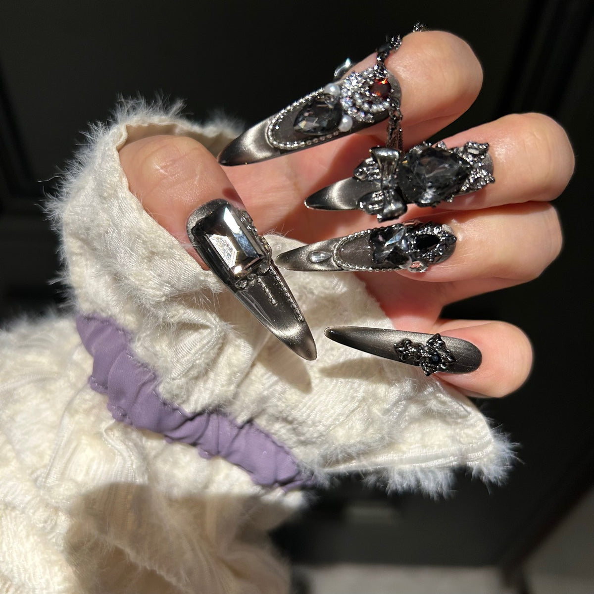 Handmade Metallic Black Angel Long Stiletto Press On Nails with Dark Crystals & Multi Chains