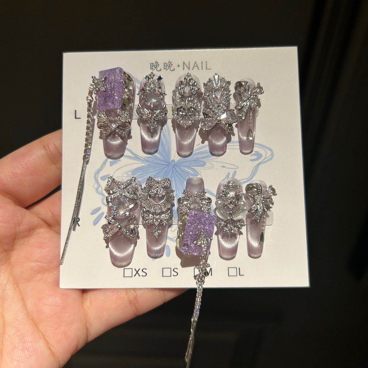 Handmade Light Lavender Metallic Long Coffin Press On Nails with Purple Crushed Stone Accents, Silver Rhinestone Moon & Bow Charms, Long Tassel Chains