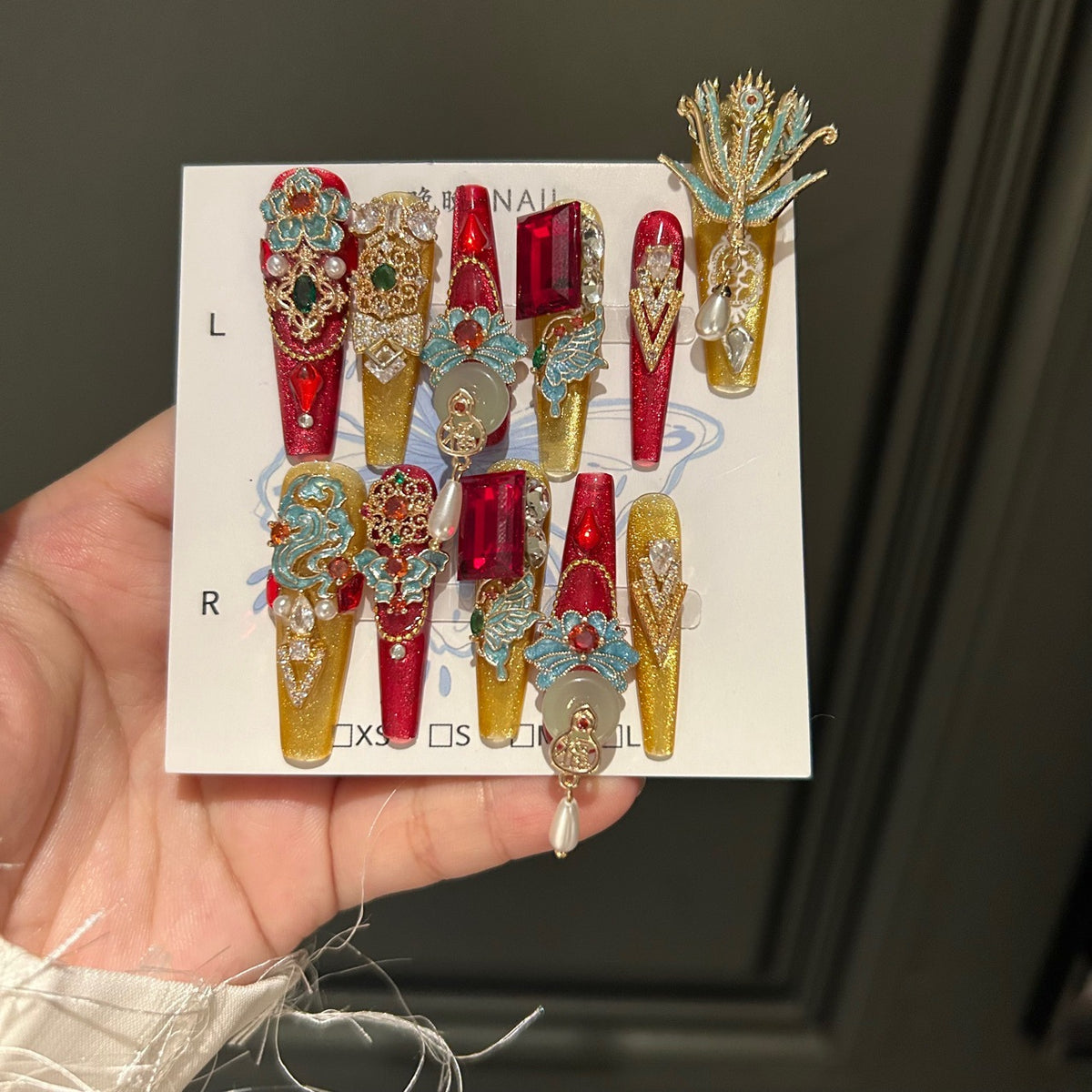 Handmade Chinese Style Red & Gold Long Coffin Press On Nails with Phoenix Metal Charms, Jade Accents, Red Gems, Pearls & Dangling Pendants