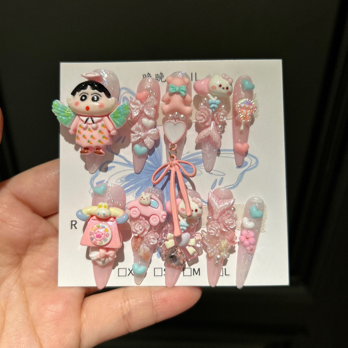 Handmade Kawaii Pink Glitter Long Stiletto Press On Nails with 3D Crayon Shin-chan & Cute Cartoon Charms, Bows & Heart Decorations