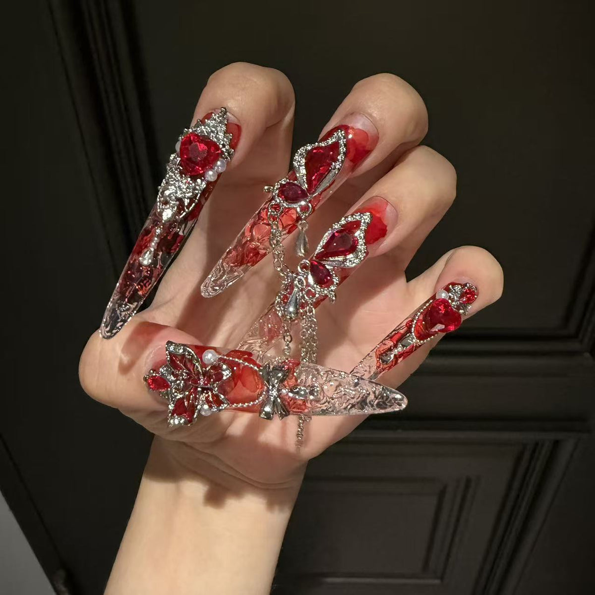 Handmade Red Petal Clear Long Stiletto Press On Nails with Large Red Heart Crystals & Butterfly Silver Charms