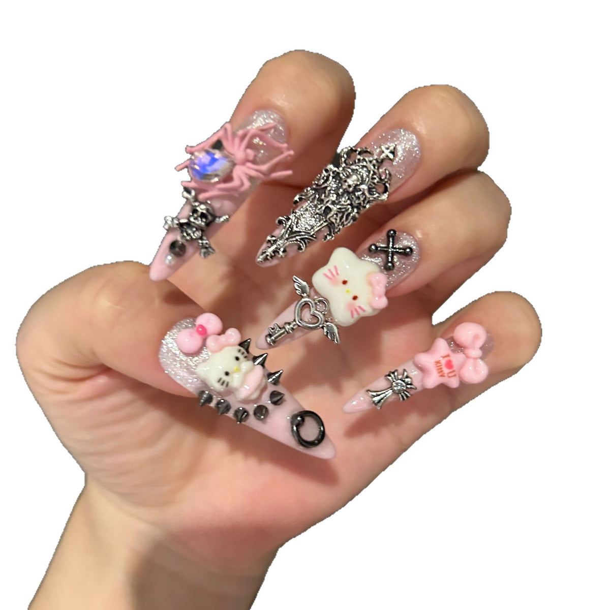 Handmade Pink Gothic Hello Kitty Long Stiletto Press On Nails with Spikes, Cross & Wing Charms