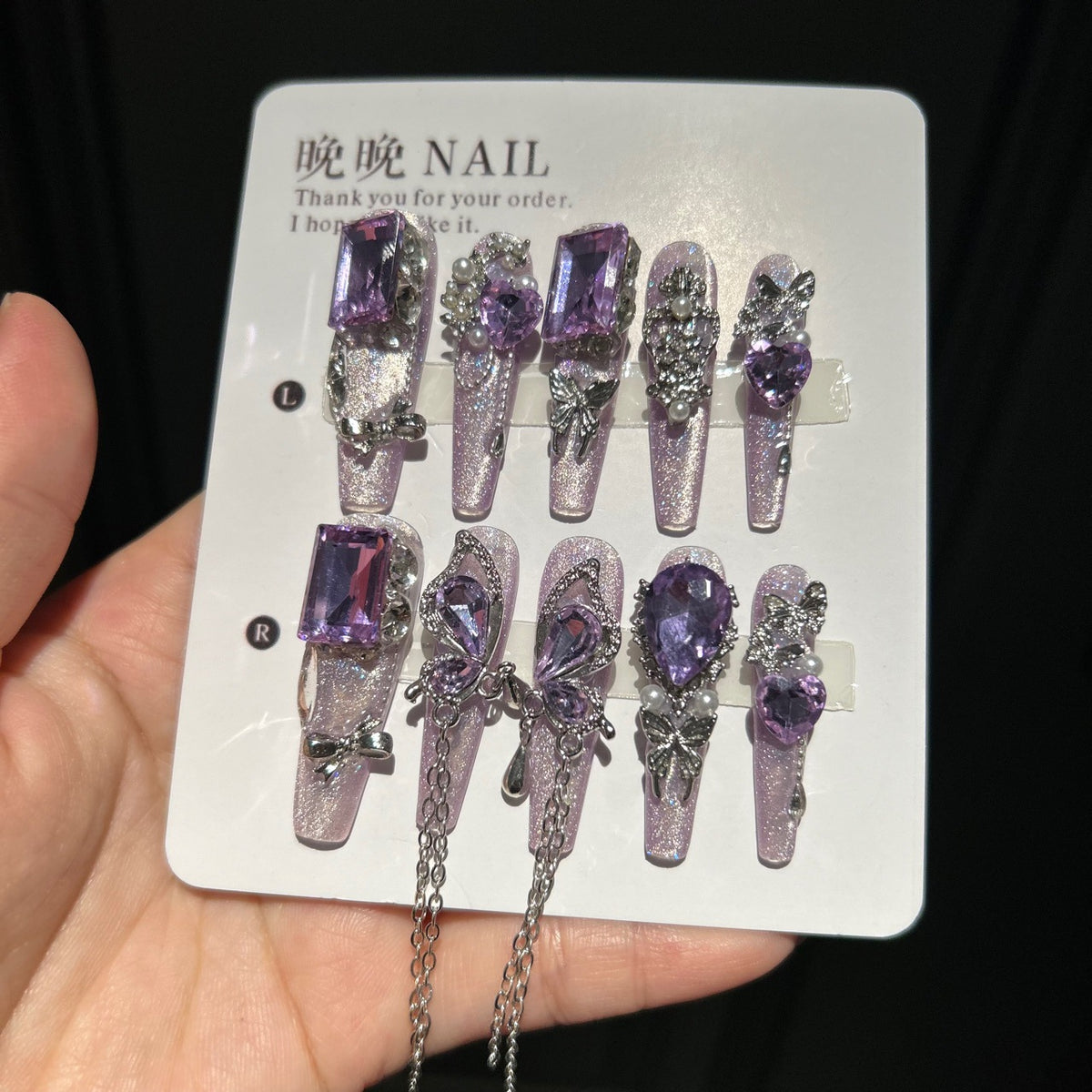 Handmade Lavender Cat Eye Long Coffin Press On Nails with Giant Purple Crystals, Silver Butterfly Charms, Pearl Accents & Silver Chain Tassels