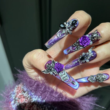 Dark Purple Cat Eye Coffin Press-on Nails with 3D Purple Rose, Angel, Skull Charms, and Good Luck Tag - Gothic Glam Fake Nail Set