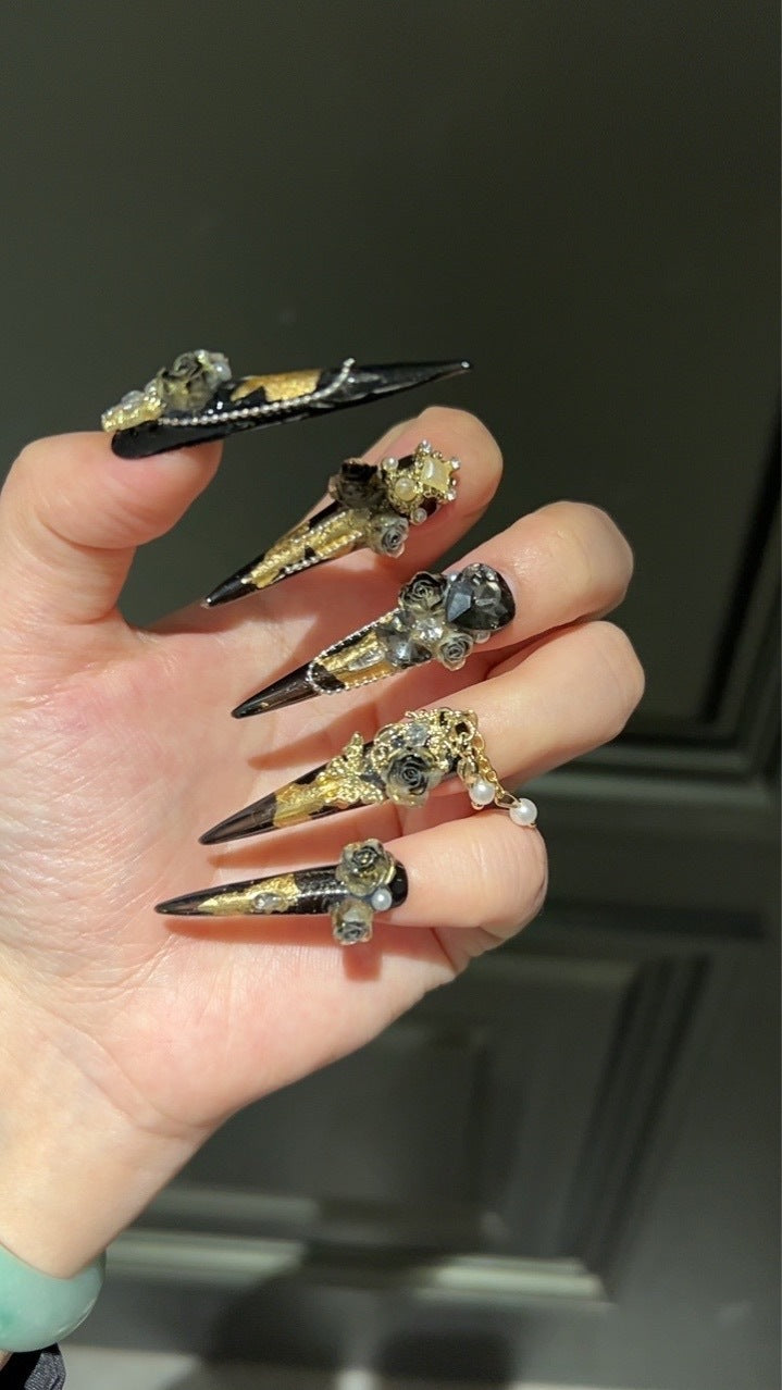 Handmade Black Gold Foil Press On Nails, Long Stiletto Royal Gothic False Nails with 3D Black Roses, Pearls, Large Rhinestones & Dangling Gold Chain, Reusable Fake Nails for Party Cosplay