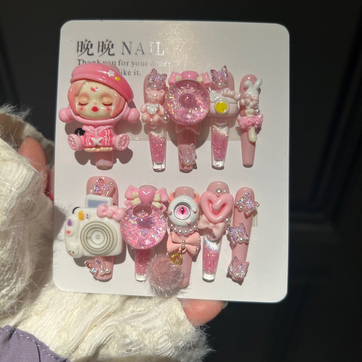 Handmade Pink Kawaii Press On Nails, Long Stiletto Weirdcore False Nails with 3D Sleeping Doll, Camera, Eyeball, Bunny & Bear Charms, Glitter Bubble Ball, Butterfly & Bow Rhinestones, Reusable Fake Nails for Cosplay & Party