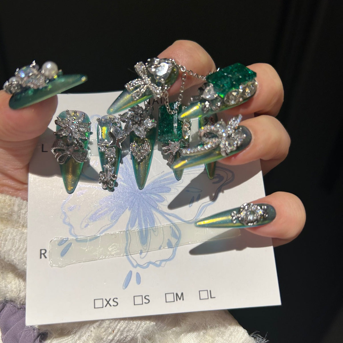 Handmade Green Chameleon Long Stiletto Press On Nails with Emerald Crushed Gem Blocks, Silver Rhinestone Butterfly & Bow Charms, Pearls & Dangling Chains