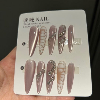 Handmade Nude Pink Cat Eye Press On Nails | Luxury Heavy Industry Snake Skin & Rhinestone Reusable Fake Nails, Edgy Nail Art