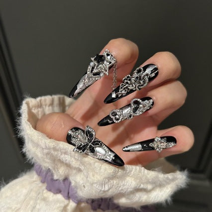 Handmade Dark Gothic Press On Nails | Luxury Heavy Industry Silver Chain & 3D Metal Art Reusable Fake Nails, Edgy Black Stiletto Nail Art