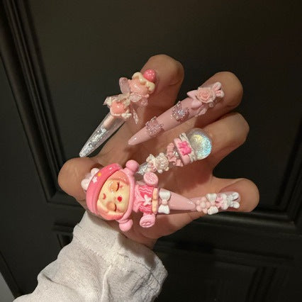 Handcrafted Luxury Kawaii Press-on Nails - Sweet Pink Theme with 3D Anime Figures, Bunnies and Bows