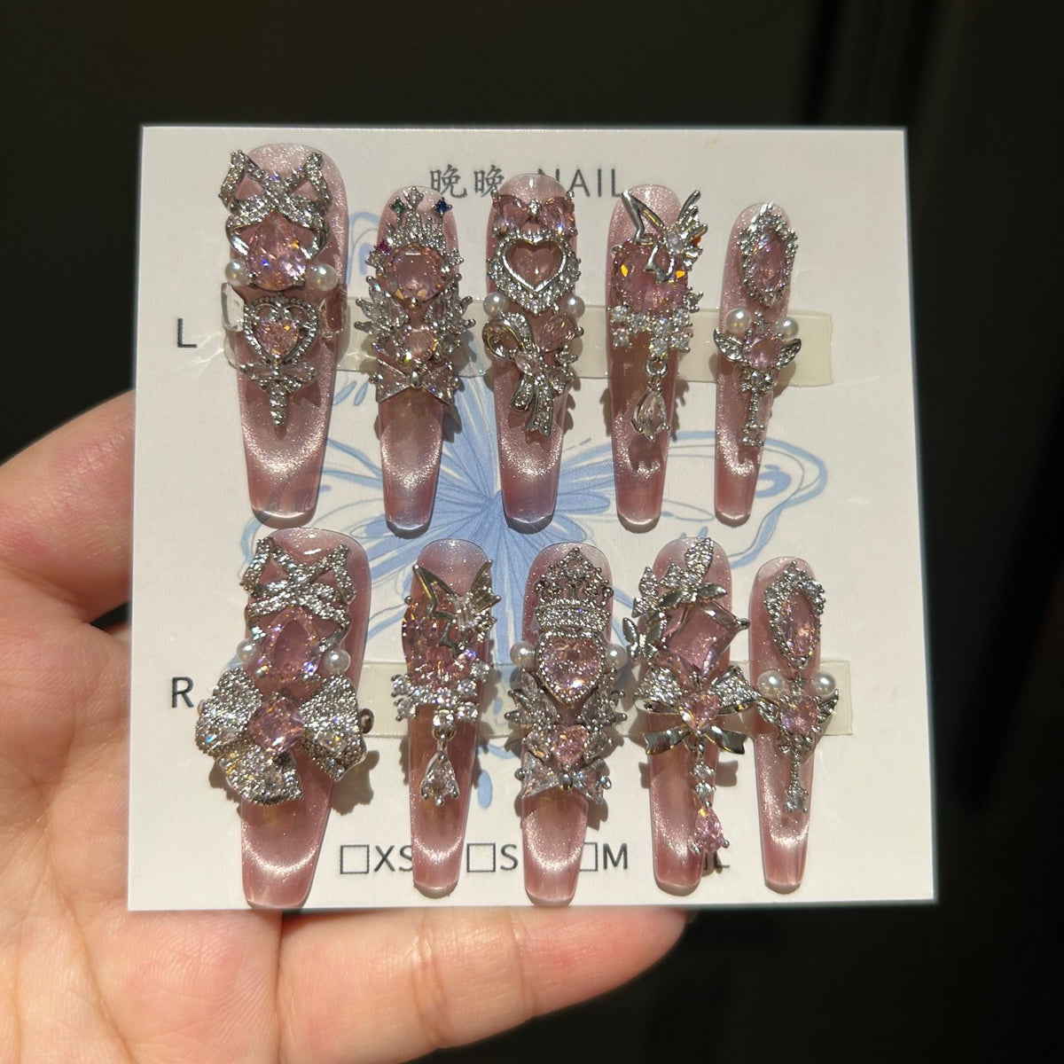 Handmade Pink Cat Eye Long Coffin Press On Nails with Large Pink Heart Crystals, Silver Rhinestone Crown & Butterfly Charms, Pearl Accents