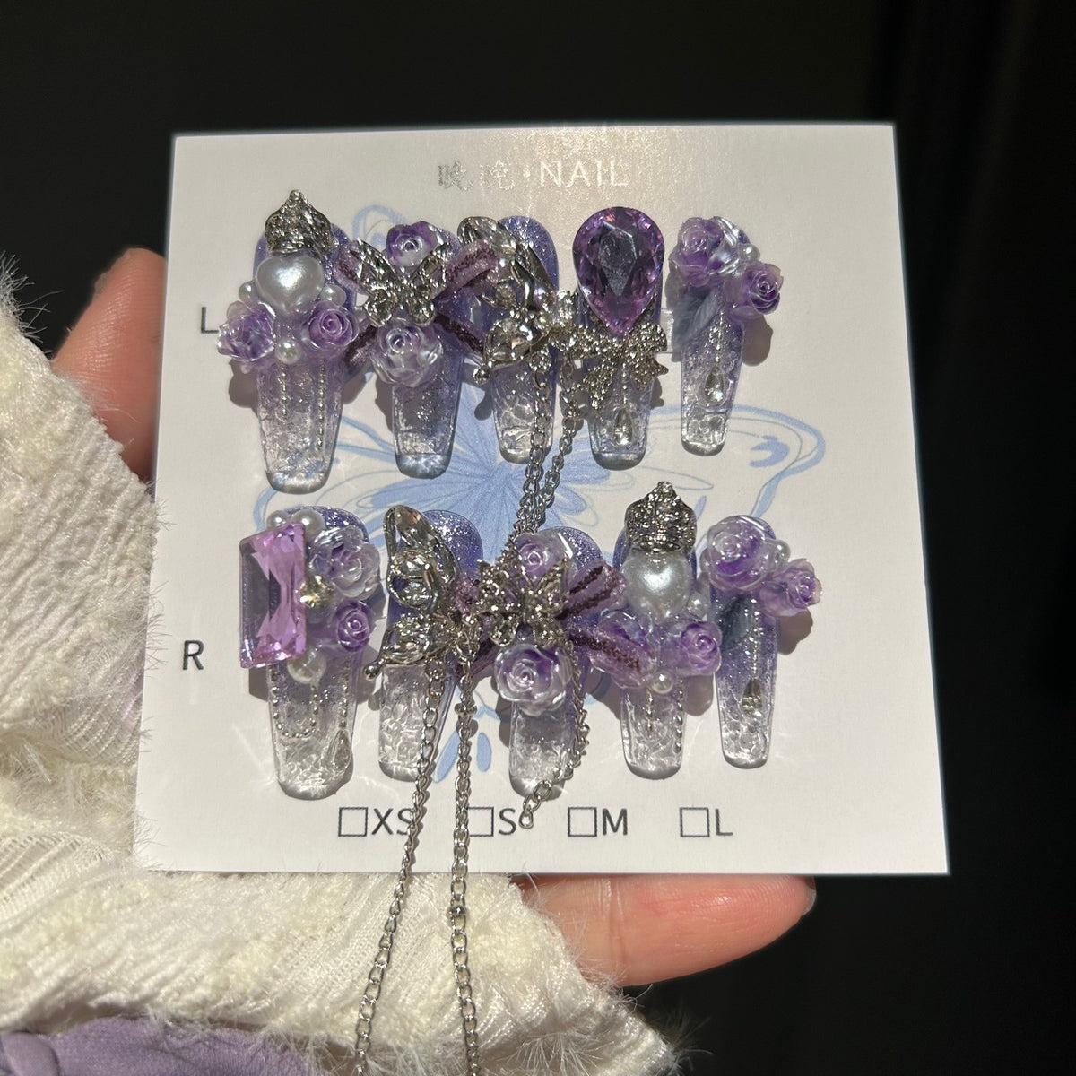 Handmade Purple Ombre Clear Long Stiletto Press On Nails, 3D Purple Rose Butterfly False Nails with Purple Gems & Dangling Silver Chains