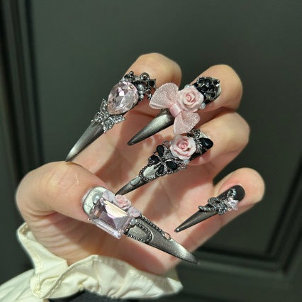Gunmetal Grey Cat Eye Stiletto Press-on Nails with Oversized Pink Crystal, Sheer Bow, 3D Pink Rose, and Heavy Silver Carvings - Dark Sweet Cool Fake Nail Set