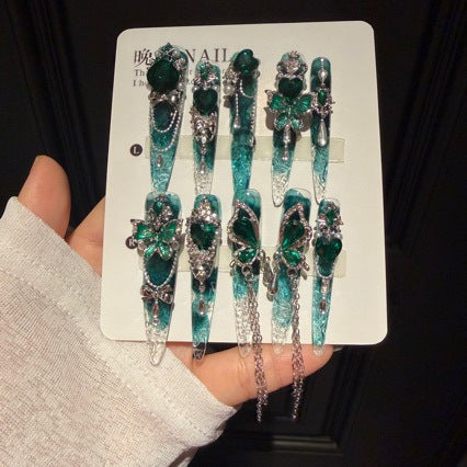 Handmade Teal Gradient Clear Long Stiletto Press On Nails with Emerald Green Butterfly & Heart Crystal Charms