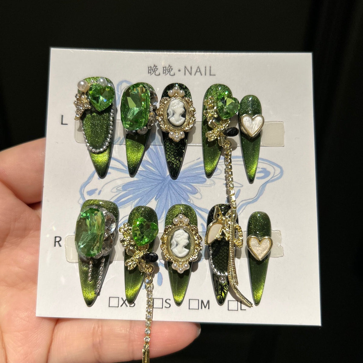 Handmade Emerald Green Cat Eye Stiletto Press On Nails with Giant Green Crystals, Vintage Cameo Portrait, Gold Filigree & Pearl Accents