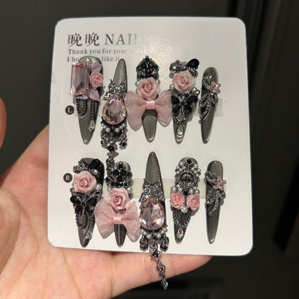 Gunmetal Grey Cat Eye Stiletto Press-on Nails with Oversized Pink Crystal, Sheer Bow, 3D Pink Rose, and Heavy Silver Carvings - Dark Sweet Cool Fake Nail Set