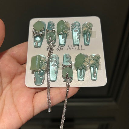 Handmade Mint Green Cat Eye Long Coffin Press On Nails with Jade Charms, 3D Roses & Silver Tassel Chains
