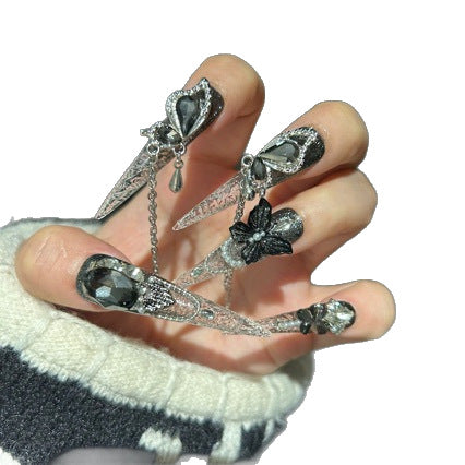Handmade Gothic Butterfly Press On Nails, Long Stiletto Silver Black Gradient Glitter False Nails with Dangling Metal Chain Charms, Reusable Fake Nails for Party Cosplay