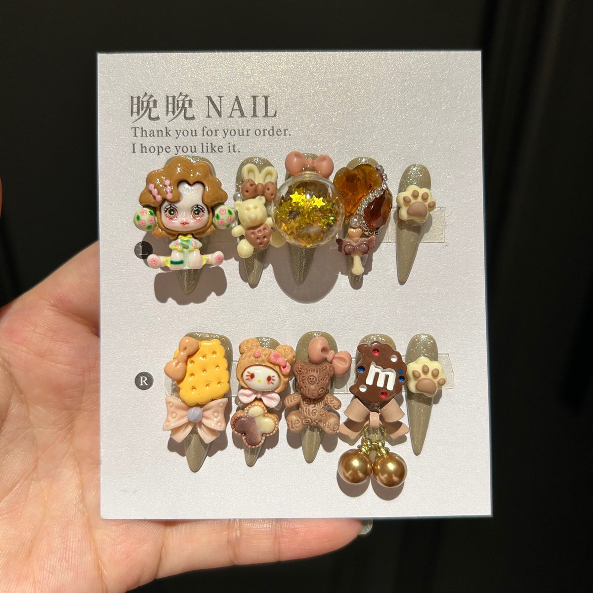 Handmade Brown Kawaii Doll Bear Cookie Long Stiletto Press On Nails with 3D Resin Charms