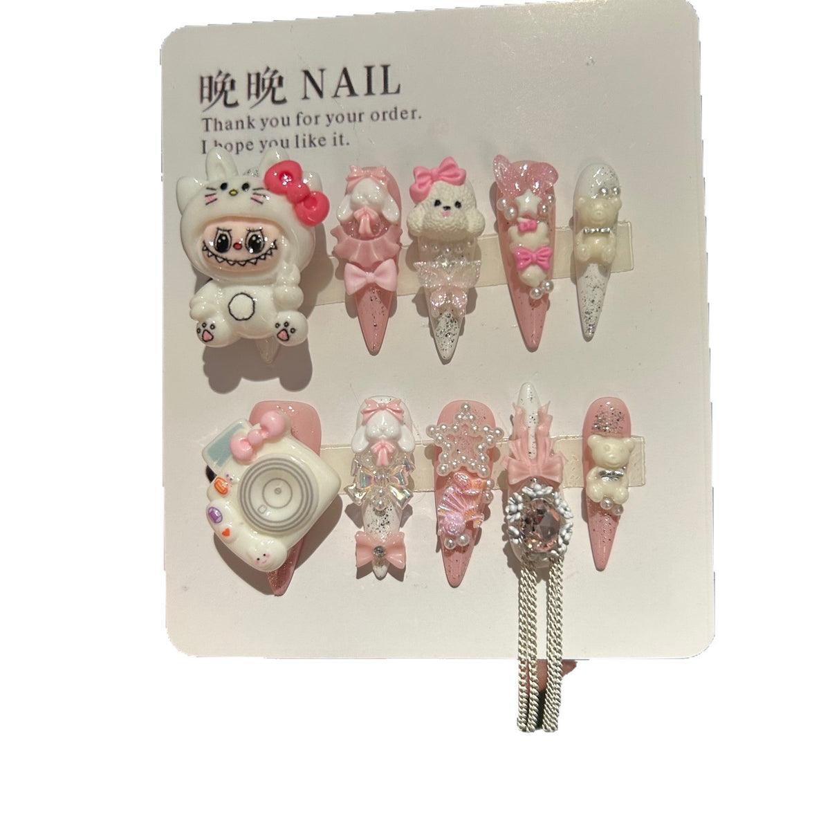 Handmade Pink White Press On Nails, Long Stiletto Kawaii False Nails with 3D Labubu Doll, Bunny, Bear & Camera Charms, Bows, Star Rhinestones & Silver Tassel Chains, Reusable Fake Nails for Cosplay & Birthday Party