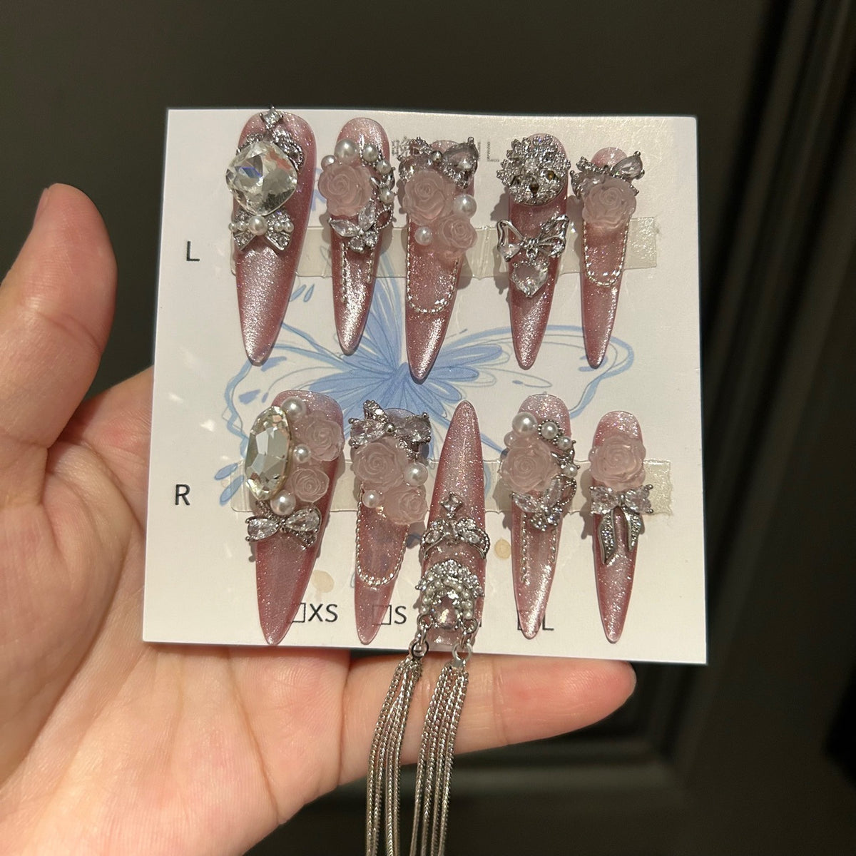 Handmade Dusty Pink Cat Eye Long Stiletto Press On Nails with Frosted 3D Pink Roses, Big Rhinestones, Pearl Accents & Long Silver Tassel Chains