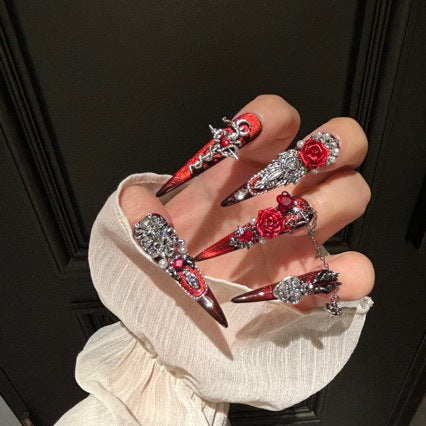 Handmade Red Black Metallic Long Stiletto Press On Nails with 3D Red Roses, Snake Charms, Red Crystals, Silver Rhinestones & Dangling Metal Chains