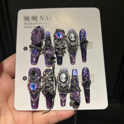 Handcrafted Luxury Purple Gothic Press-on Nails - Baroque Style Cameo, Pearl, and Evil Eye Charms - Exquisite Nail Art Kit