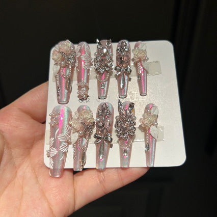 Handmade Pink Aurora Long Coffin Press On Nails, 3D White Rose False Nails with Large Pink Gems, Pearls & Silver Rhinestones