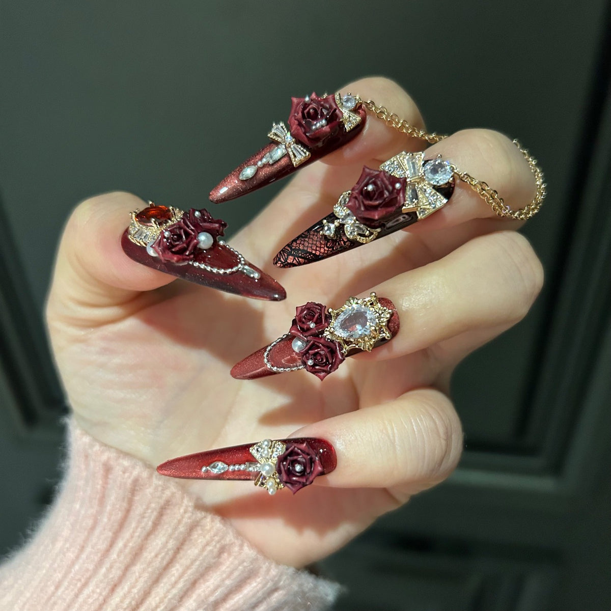 Handcrafted Designer Burgundy Press-on Nails - Metallic Cat Eye Base with Heavy 3D Floral, Rhinestones and Interconnected Chains