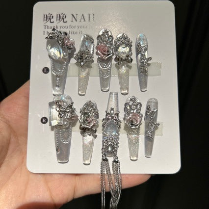 Handmade Iridescent Silver Rose Long Coffin Press On Nails with Butterfly Charms & Dangling Chains