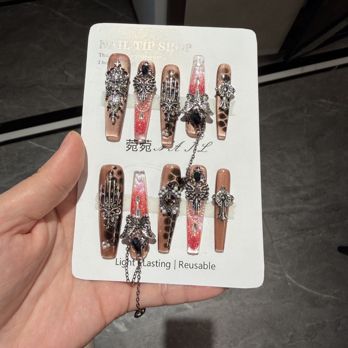 Handmade Leopard Print Champagne Long Coffin Press On Nails with Vintage Silver Cross, Wing & Dangling Chain Charms