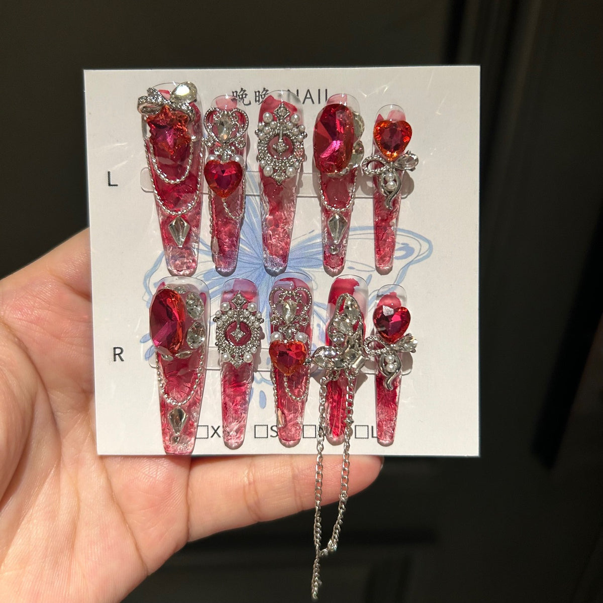 Handmade Red Crystal Long Stiletto Press On Nails, Red Heart Gem False Nails with Silver Ornaments, Pearls & Dangling Chains