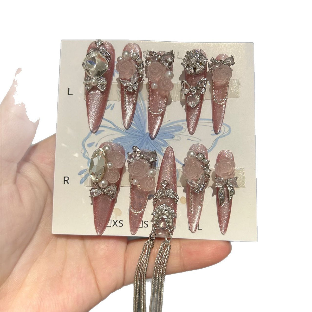 Handmade Dusty Pink Cat Eye Long Stiletto Press On Nails with Frosted 3D Pink Roses, Big Rhinestones, Pearl Accents & Long Silver Tassel Chains
