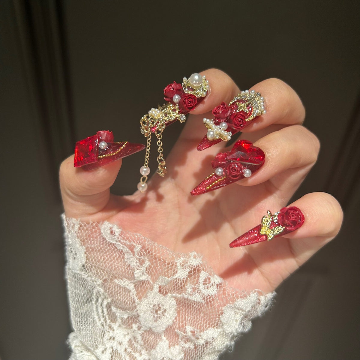 Handmade Red Glitter Long Stiletto Press On Nails with 3D Red Roses, Giant Red Heart Crystals, Gold Metal Accents & Pearl Chain Tassels